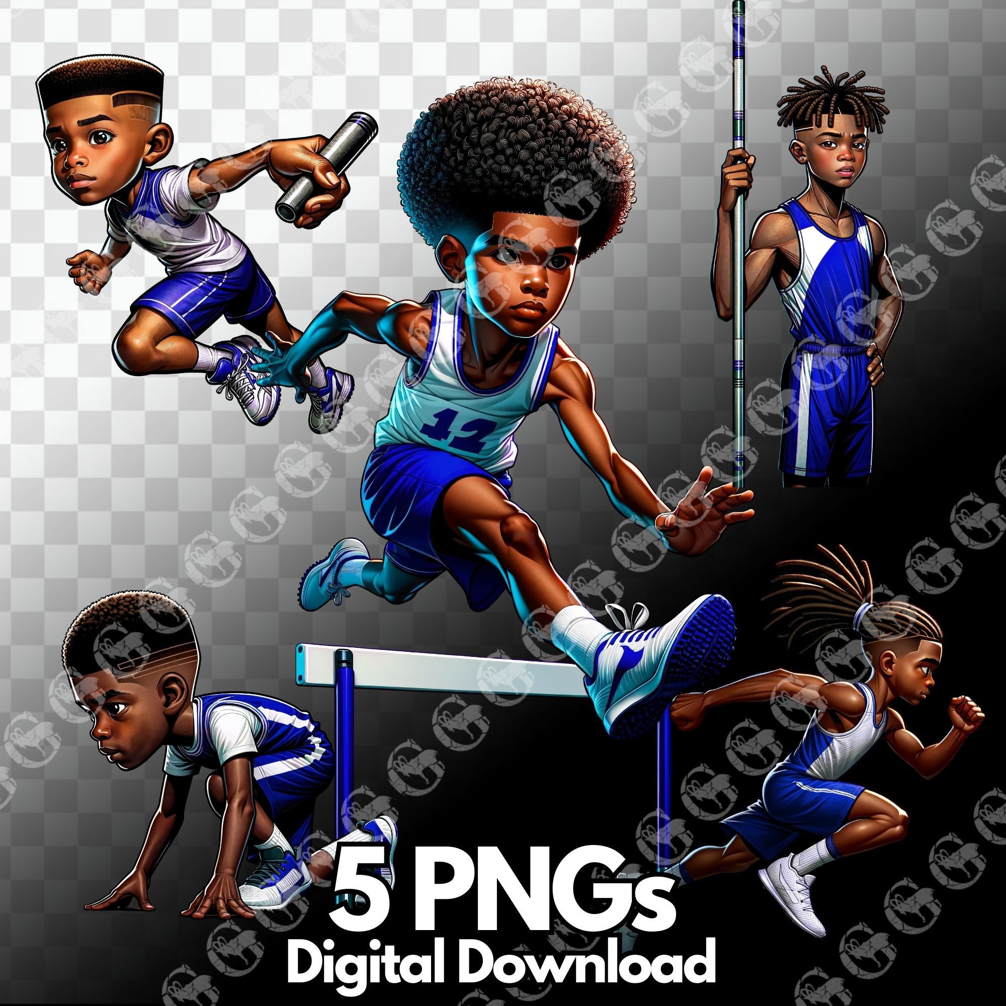 Royal Blue Track and Field African American Boys PNG bundle, track star, black boys, sports, relay race, jumping hurdle