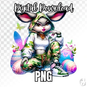 Grün rosa weiblicher Hip Hop Osterhase PNG, Sexy Hase, Streetwear PNG, Mädchen Kaninchen, Ostern PNG, Osterkaninchen, digitale Grafik, Sublimation