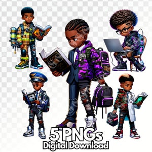 Pacote PNG de meninos afro-americanos com tema de carreira jovem, médico infantil, bombeiro infantil, piloto infantil, engenheiro infantil, advogado infantil, meninos de volta às aulas