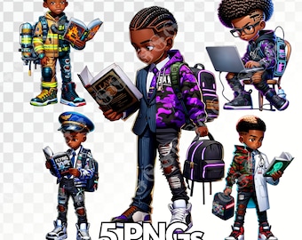 Young Career-themed African American Boys PNG Bundle, kid doctor, kid firefighter, kid pilot, kid engineer, kid lawyer, back to school boys