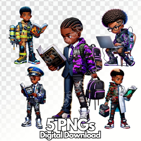 Young Career-themed African American Boys PNG Bundle, kid doctor, kid firefighter, kid pilot, kid engineer, kid lawyer, back to school boys