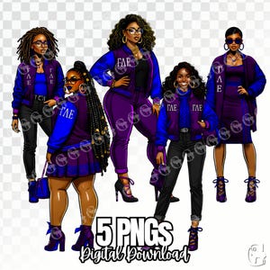 Op de afbeelding: Vijf digitale illustraties van vrouwen die paarse en blauwe jassen dragen met de letters "ΓΛΕ" erop. De vrouwen dragen verschillende outfits en poses. De achtergrond is transparant.