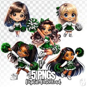 Groen en wit uniform cheerleadermeisjes (multiraciaal) png-bundel, cheer girls, cheer mom, pom pom, clipart