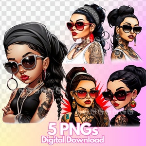 Bad Girl Cholas Latina PNG Bundle, mauvaises filles, hispanique, clipart, filles espagnoles, filles avec des tatouages, chicas, chicana, sublimation, conception