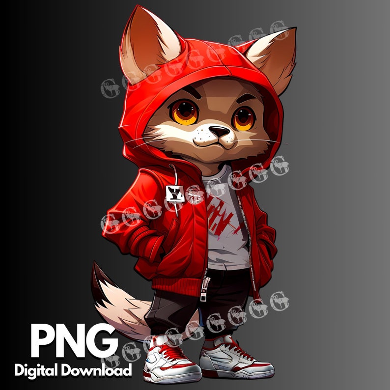 K&ouml;nnte beinhalten: Ein Cartoon-Fuchs, der einen roten Kapuzenpullover, ein wei&szlig;es T-Shirt mit schwarzem Text, eine schwarze Hose und wei&szlig;e Turnschuhe mit roten Akzenten tr&auml;gt.