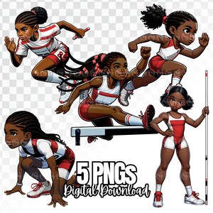 Red And White Uniforms Track and Field Girls PNG Bundle, black track girl, African American, girl sports, track star, sublimation, clipart