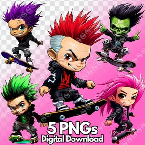 Rocker Style Boys Riding Skateboards PNG Bundle, rocker boys, Rockstar boys, streetwear graphic clipart, cartoon skateboarder boys