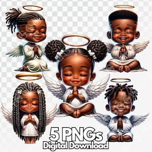 African American Betende Engel Jungen und Mädchen PNG Bundle, religiöse Clipart, Engelbabys, schwarze Jungen, schwarze Mädchen, Sublimation, Grafiken