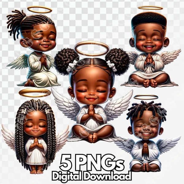 African American Praying Angels Boys and Girls PNG Bundle, religious clipart, angel babies, black boys, black girls, sublimation, graphics