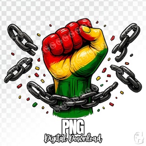 Juneteenth Fist Breaking Through Chains PNG, 1865, Afro-américain, mélanine, sublimation, conception de t-shirt, clipart