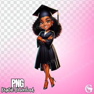 Girl Student Grad (African American) PNG, graduation clipart, class of 2024, cap and gown, school, sublimation, clipart, t-shirt design
