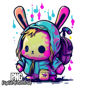 Puede incluir: Un conejo de dibujos animados con una chaqueta con capucha azul y verde y una mochila morada. El conejo tiene salpicaduras de pintura rosa y amarilla en la cara y el cuerpo. El conejo sostiene un tarro de miel con una abeja en la etiqueta.