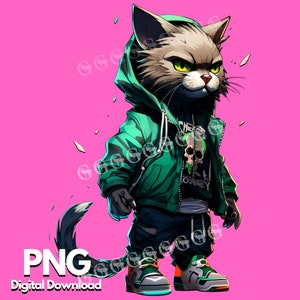 K&ouml;nnte beinhalten: Eine gr&uuml;ne Kapuzenjacke mit einem Totenkopf-Motiv und dem Wort "Money" auf der Vorderseite. Die Jacke wird von einer Cartoon-Katze mit gr&uuml;nen Augen und einem grau-wei&szlig;en Fellmuster getragen. Die Katze tr&auml;gt eine schwarze Hose und wei&szlig;e Turnschuhe.