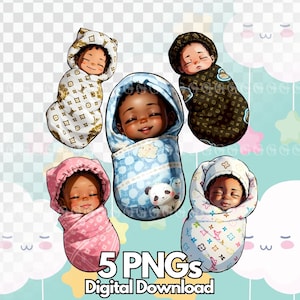 Cute Swaddled Smiling Babies PNG Bundle, newborn baby clipart, cartoon style, vector style, baby clipart, african-american babies