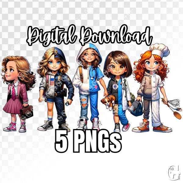White/European Career Girls PNG Bundle, girl lawyer, girl nurse, girl chef, girl veterinarian, girl police offer clipart, sublimation