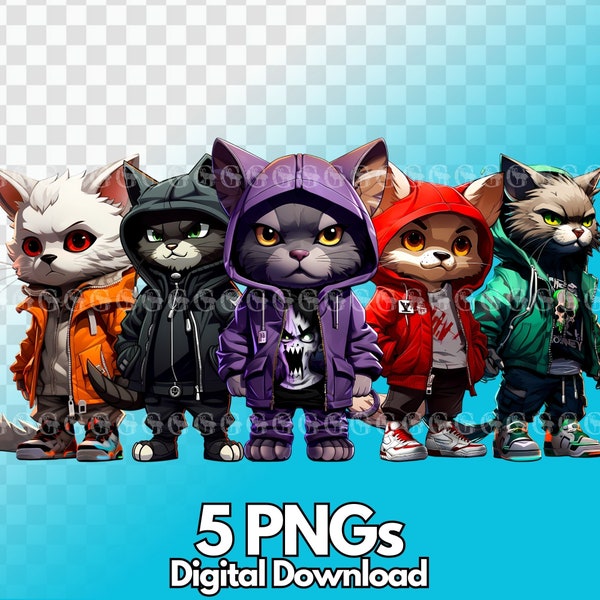 Cats Wearing Hoodies Clipart PNG Bundle, urban streetwear design, cats wearing streetwear, cool cat characters, sublimation, clipart