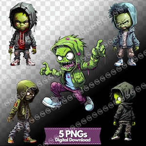 Cartoon Style Halloween Zombies PNG Bundle, urban streetwear zombies, streetwear design, cool zombies, zombie clipart, cartoon zombie