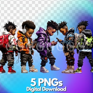 Cool urban streetwear boys PNG Bundle (Set 2), chicos negros, melanina, afroamericano, hip hop, sublimación, elemento de diseño de camiseta, imágenes prediseñadas
