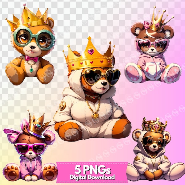 Queen and Princess Teddy Bears PNG Bundle, cute girl teddybear png, gangster teddy, girl teddy, teddy bear wearing crown, clipart