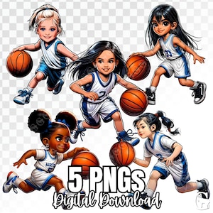 Paquete PNG de chicas de baloncesto juvenil (multirracial), deportes femeninos, baloncesto PNG, deportes, deportes juveniles, uniforme blanco y azul, imágenes prediseñadas
