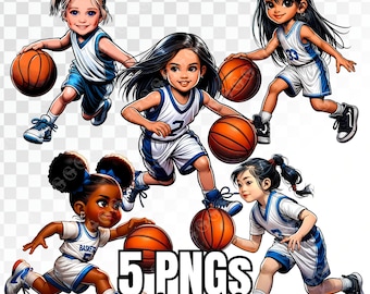 May include: Five digital illustrations of children playing basketball. The children are wearing blue and white basketball uniforms. The illustrations are in a cartoon style and have a bright, colorful aesthetic.