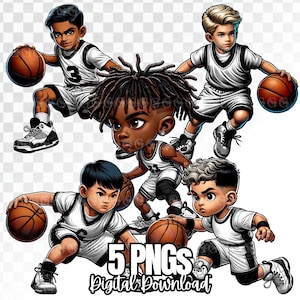 Youth Basketball Boys (Multi-race Black & White Team) PNG Bundle, basketball, basketball boys, Black White Uniforms, clipart, sublimation