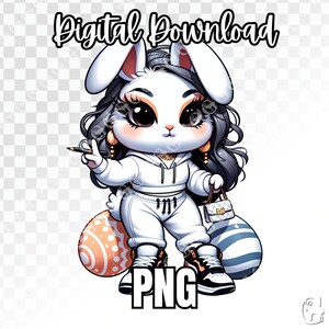 Weiblicher Hip Hop Osterhase PNG, Ostern PNG, Osterhase, Mädchenhase, All White Bunny, Streetwear PNG, digitale Grafik, Sublimation