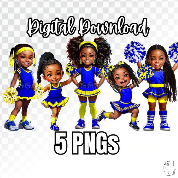 Youth African American Cheerleaders PNG Bundle, Royal Blue and Yellow Uniforms, black cheer, youth cheer, clipart sublimation, transparent