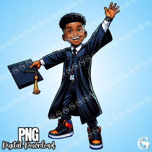 Boy Student Grad (African American) PNG, graduation clipart, class of 2024, cap and gown, school, sublimation, clipart, t-shirt design