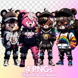 Paquete urbano de osos de peluche femeninos de streetwear, oso de peluche gángster, oso de peluche femenino, oso de peluche genial, hip hop, imágenes prediseñadas, diseño de camiseta