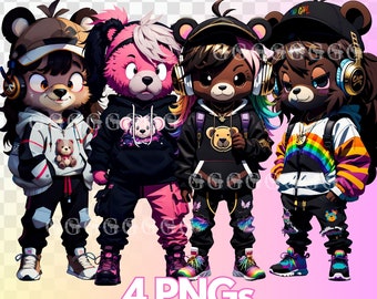Urban Streetwear Female Teddy Bears PNG Bundle, gangster teddy bear, female teddy bear, cool teddy bear, hip hop, clipart, t-shirt design