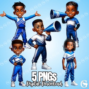 Fünf Jungen-Cheerleader (Afroamerikaner) PNG-Bundle, männliche Cheerleader, Cheerleader, jubeln, schwarze Cheerleader, Sublimation, Clipart