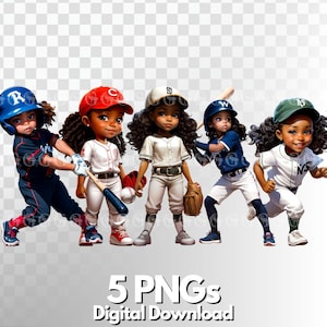 Baseball Mädchen PNG Bundle, schwarze Baseball Mädchen, afroamerikanische Baseball, Sport Clipart, schwarze Sportlerinnen, Jugendsport, kleine Liga