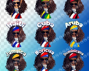 Può includere: Un set di illustrazioni digitali di nove donne dei cartoni animati con capelli castani ricci che indossano occhiali da sole e fasce per capelli con bandiere di diversi paesi. I paesi rappresentati sono: Filippine, Brasile, Trinidad e Tobago, Haiti, Cuba, Aruba, Giamaica, Porto Rico e Repubblica Dominicana. Il testo "PNG BUNDLE" è nella parte inferiore dell'immagine.