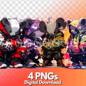 Koalas Urban Streetwear PNG Bundle, cute koalas, gangster, hip hop characters, clipart, sublimation, design, transparent, kawaii