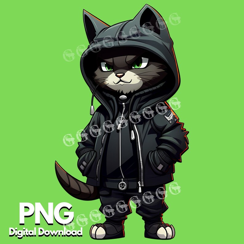 K&ouml;nnte beinhalten: Eine Cartoon-Illustration einer schwarzen Katze, die eine schwarze Kapuzenjacke mit Rei&szlig;verschluss und einem wei&szlig;en Rei&szlig;verschluss-Zipper tr&auml;gt. Die Katze hat gr&uuml;ne Augen und einen ernsten Ausdruck. Die Katze steht auf einem gr&uuml;nen Hintergrund.