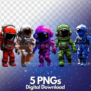 Pacote colorido de astronautas PNG, clipart de astronauta, astronautas de desenhos animados, trajes espaciais, tema espacial, design de camisetas, sublimação,