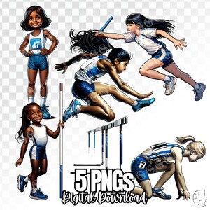 Bundle PNG per ragazze di atletica leggera (multirazziale), ragazza di pista, ragazze di pista, star dell’atletica, divise bianche e blu, clipart