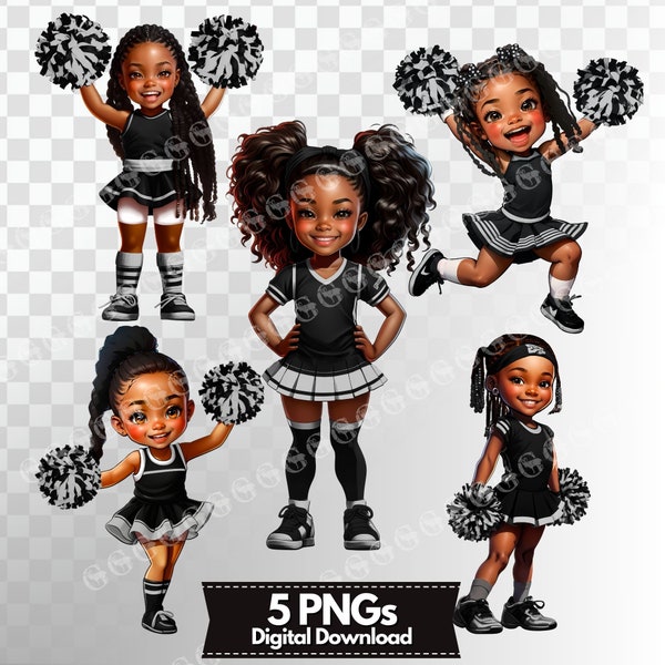 Black And Silver Cheerleaders PNG Bundle, african american cheerleaders, black girl cheer, sublimation, clipart, t-shirt design