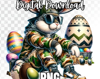 Hip Hop Easter Bunny PNG, sudadera con capucha y pantalones de chándal de camuflaje marrón verde, png de Pascua, png de conejito, png de Hip Hop, conejito fresco, sublimación, imágenes prediseñadas