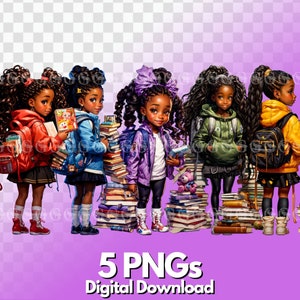 Back To School Girls PNG-bundel, zwarte meid magie, melanine, Afro-Amerikaanse meisjes, schattige zwarte meisjes, clipart, digitale afbeeldingen