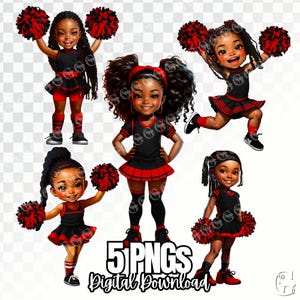 Black and Red cheerleaders PNG-bundel, Afro-Amerikaanse cheerleaders, black girl cheer, sublimatie, clipart, t-shirtontwerp