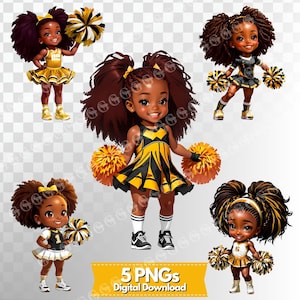 黒と金のユースチアリーダー PNG バンドル、黒人チアリーダー、ユースチア、クリップアート、チアリーダーデザイン、アフリカ系アメリカ人チアリーダー