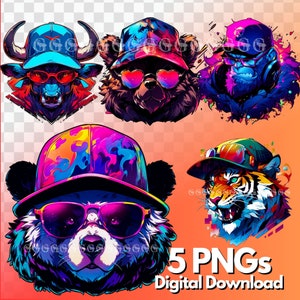 Streetwear Animal Characters (alleen gezicht) PNG-bundel, set 1, gorilla, panda, tijger, beer, stier, streetwear, png, clipart, hiphop, gangster