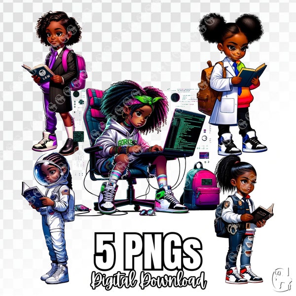 Career Girls (African American) PNG Bundle, sublimation, cute black girls, african american girl, doctor, lawyer, police, astronaut