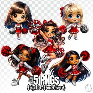 Paquete PNG de porristas uniformes rojas y blancas (multirraciales), animadoras, animar a mamá, pompón, clipart