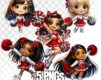Red and White Uniform Cheerleader Girls (Multi-racial) PNG Bundle, cheer girls, cheer mom, pom pom, clipart