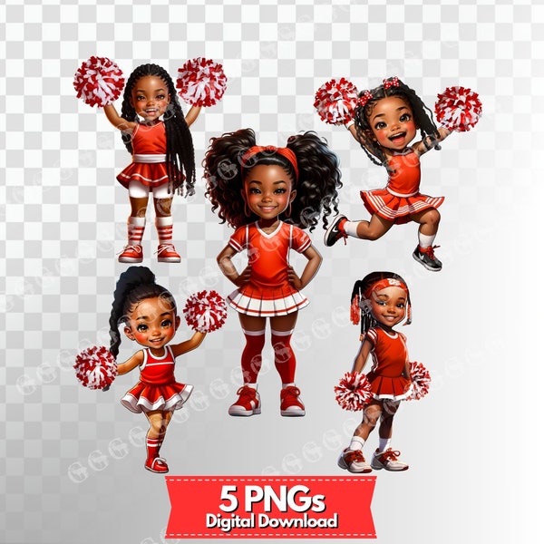 Red and White Youth Cheerleaders PNG Bundle, black cheerleaders, youth cheer, clipart, cheerleader design, African American cheerleaders