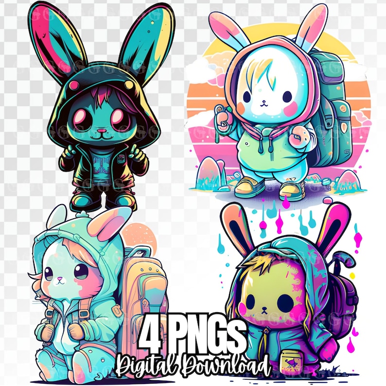 Puede incluir: Cuatro ilustraciones digitales de conejos de dibujos animados que llevan diferentes atuendos y llevan mochilas. Los conejos est&aacute;n en varias poses y tienen diferentes colores de pelaje y ropa. El fondo es un patr&oacute;n de tablero de ajedrez transparente.