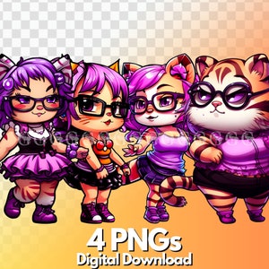 Kawaii Style Tiger Cat Girls PNG Bundle, tigress, cartoon, clipart, sublimation, bachelorette, cute animals, girly vibes, tiger lovers